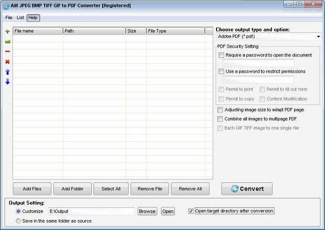 Screenshot of Ailt JPEG BMP TIFF GIF to PDF Converter 5.6