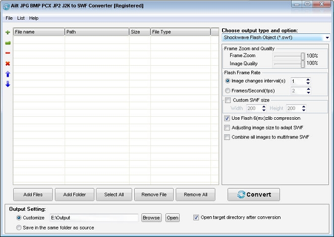 Screenshot of Ailt JPG BMP PCX JP2 J2K to SWF Converter
