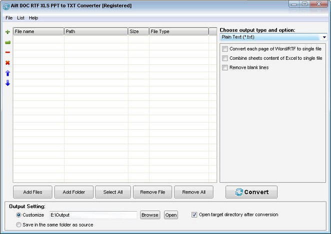 Ailt DOC RTF XLS PPT to TXT Converter — Windows application screenshot