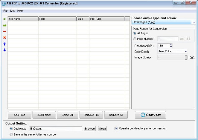 Ailt PDF to JPG PCX J2K JP2 Converter — Windows application screenshot