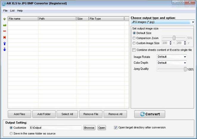 Ailt XLS to JPG BMP Converter — Windows application screenshot
