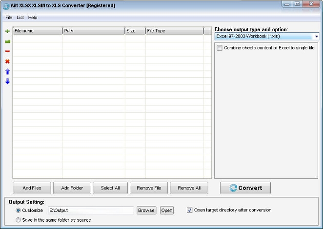 Ailt XLSX XLSM to XLS Converter — Windows application screenshot